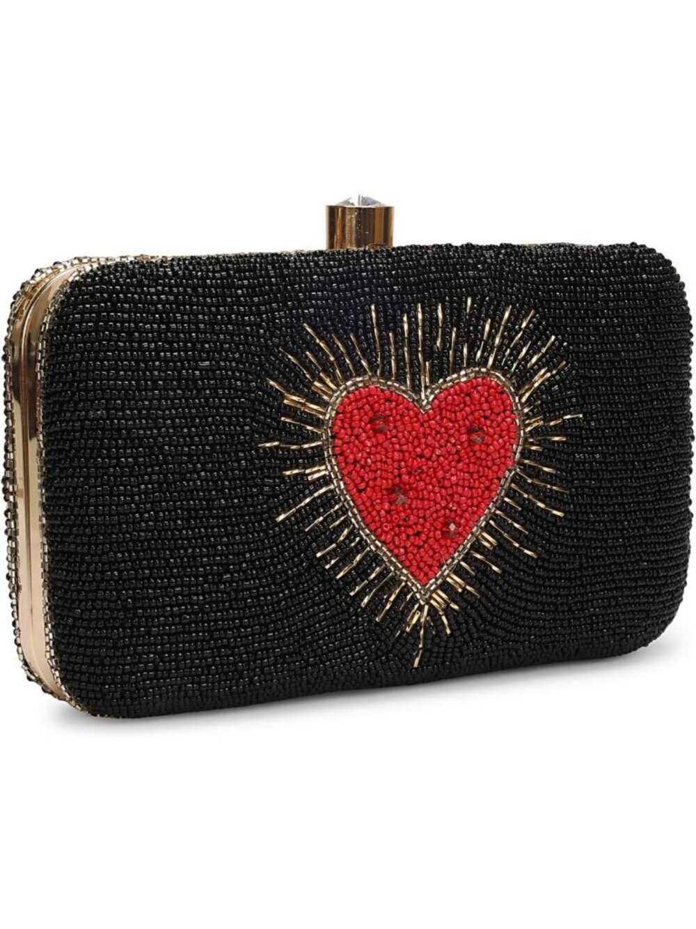 Handcrafted Beaded Box Clutch Purse with Heart Design & Gold Chain Strap